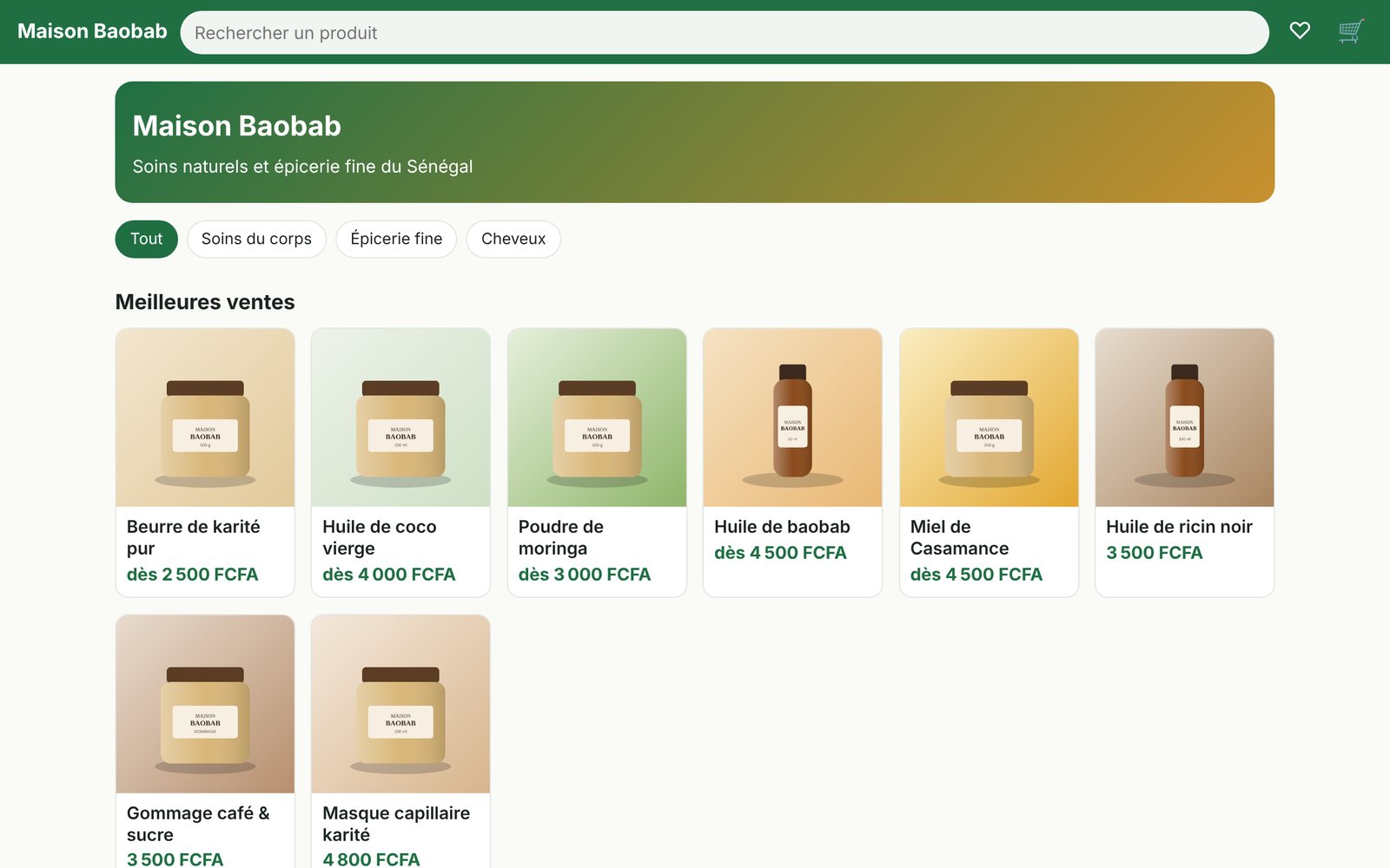 Boutique en ligne : page d'accueil et catalogue (démonstration).