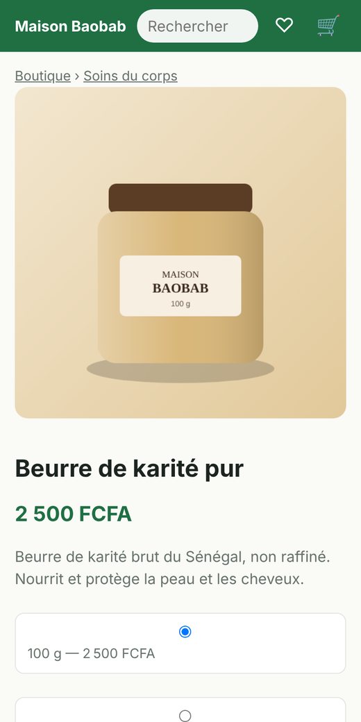 Fiche produit sur téléphone (démonstration).
