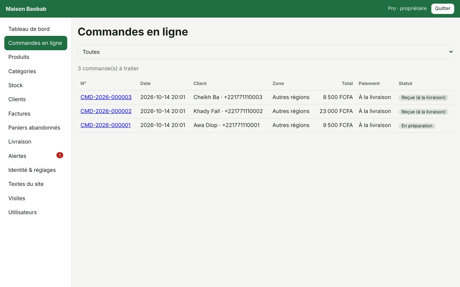 Suivi des commandes dans le back-office (démonstration).